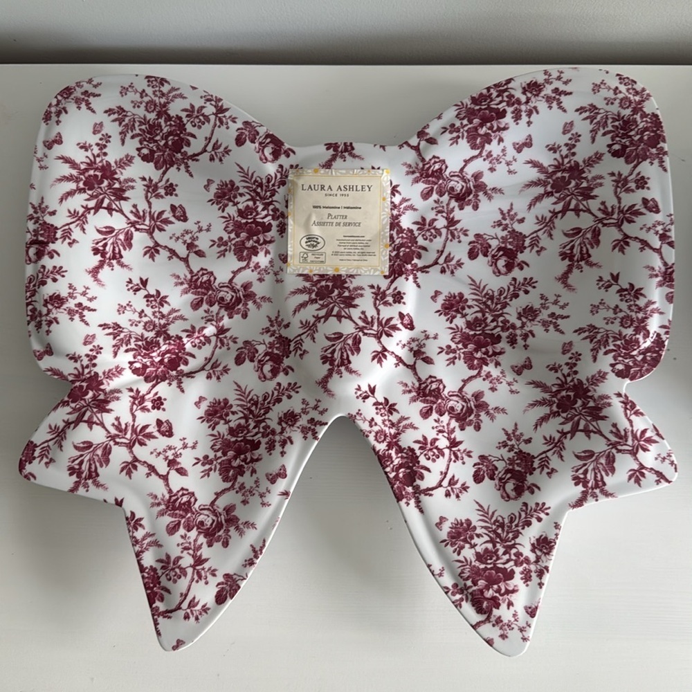 LAURA ASHLEY NWT Melamine Floral Bow Shaped Serving Platter Red Transferware - Picture 3 of 6